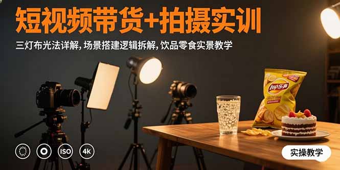 短视频带货+拍摄实训：三灯布光法详解,场景搭建逻辑拆解,饮品零食实景教学-钱途社