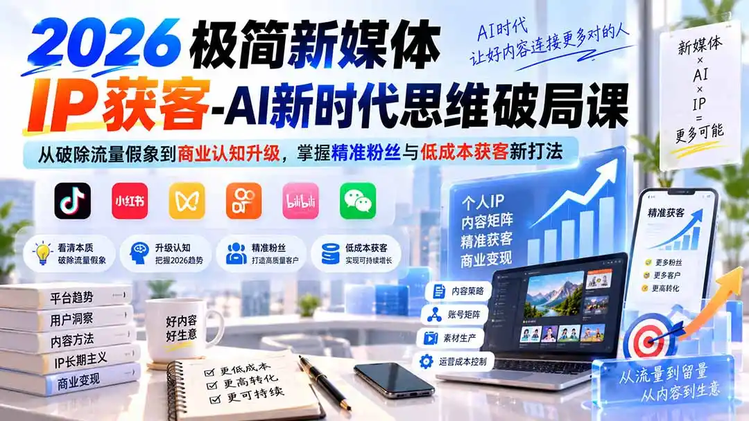 2026极简新媒体IP获客-AI新时代思维破局课：从破除流量假象到商业认知升级，掌握精准粉丝与低成本获客新打法-钱途社