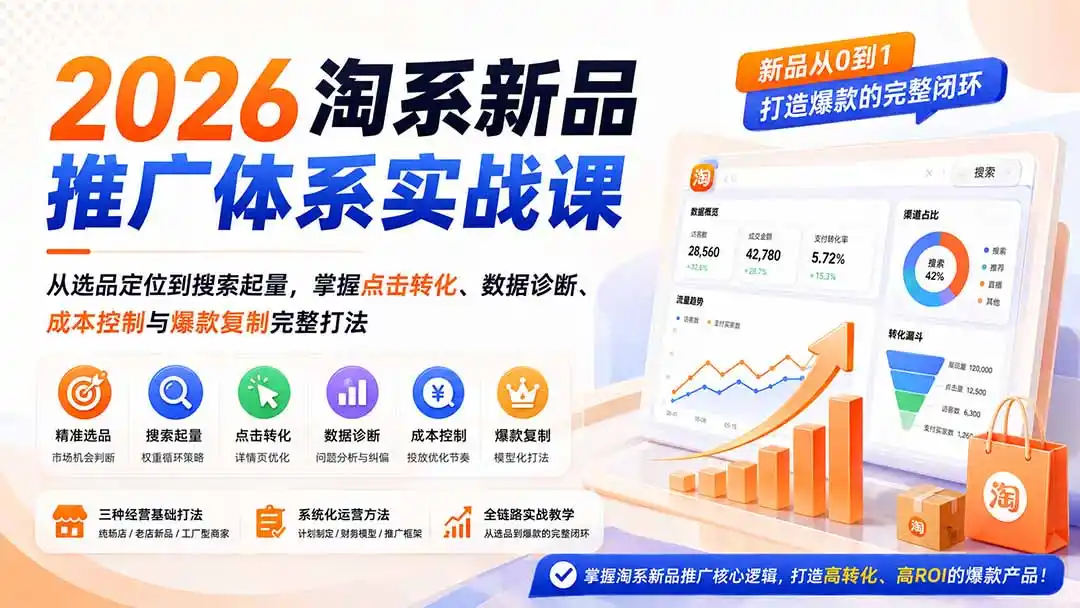2026淘系新品推广体系实战课：从选品定位到搜索起量，掌握点击转化、数据诊断、成本控制与爆款复制完整打法-钱途社