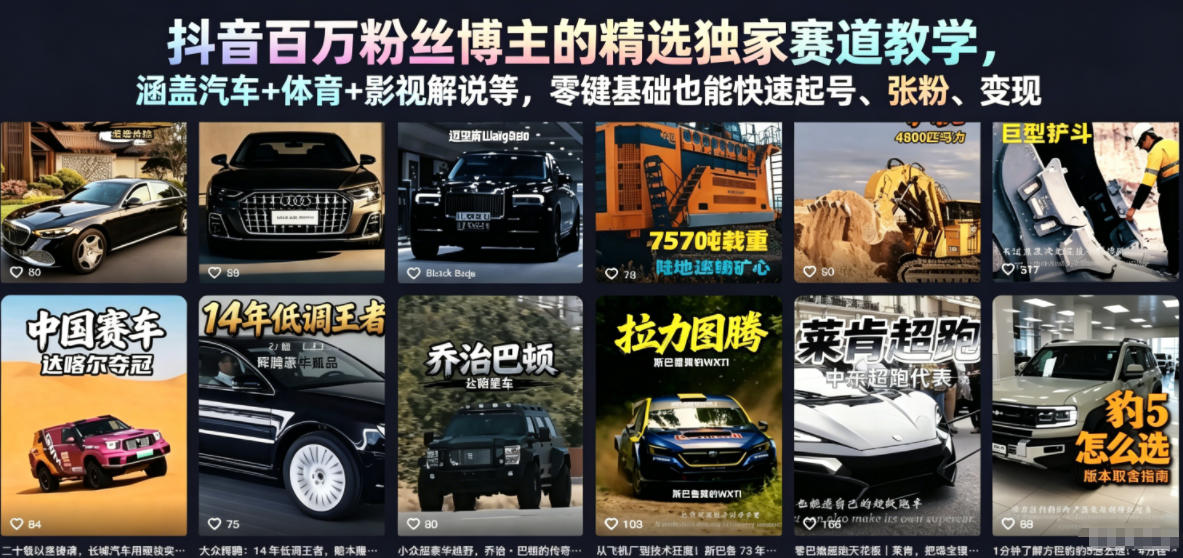 抖音百万粉丝博主的精选独家赛道教学,涵盖汽车+体育+影视解说等,零基础也能快速起号、涨粉、变现-钱途社