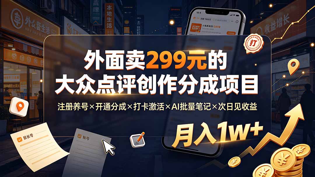 外面卖299元的大众点评创作分成项目：注册养号×开通分成×打卡激活×AI批量笔记×次日见收益，月入1w+-钱途社