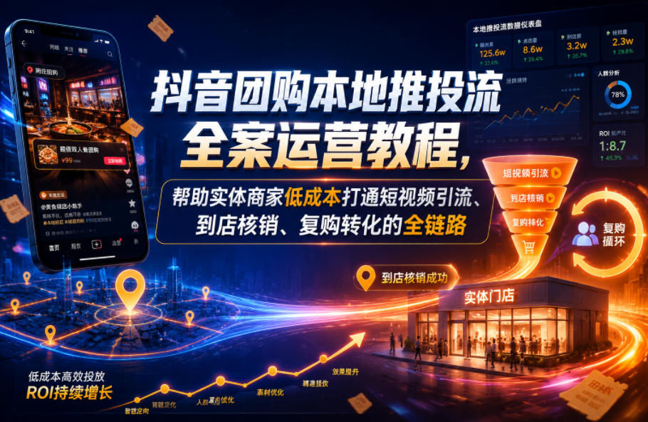 抖音团购本地推投流全案运营教程，帮助实体商家低成本打通短视频引流、到店核销、复购转化的全链路-钱途社