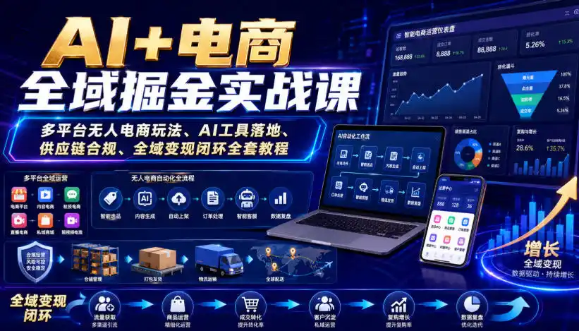 AI+电商全域掘金实战课｜多平台无人电商玩法、AI工具落地、供应链合规、全域变现闭环全套教程-钱途社