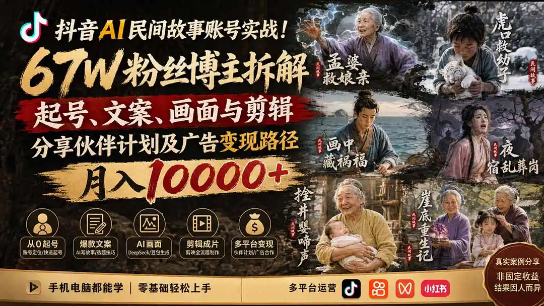 抖音AI民间故事账号实战！67W粉丝博主拆解起号、文案、画面与剪辑，分享伙伴计划及广告变现路径，月入10000+-钱途社
