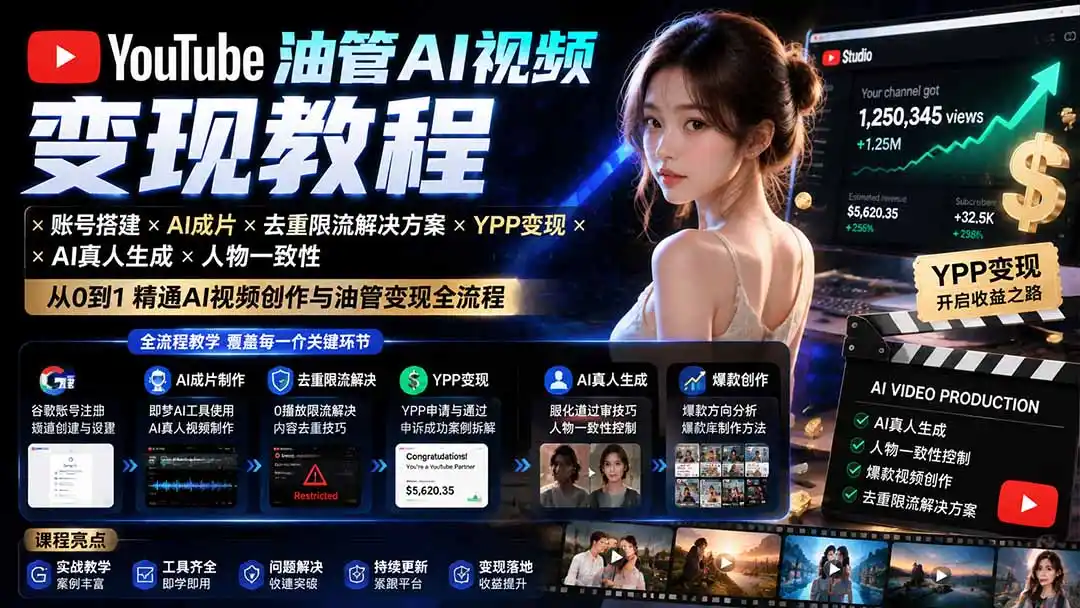 YouTube油管AI视频变现教程：账号搭建×AI成片×去重限流解决方案×YPP变现×AI真人生成×人物一致性-钱途社