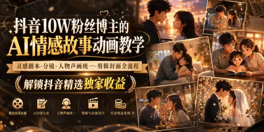 抖音10W粉丝博主的AI情感故事动画教学，灵感剧本‑分镜‑人物声画统一‑剪辑封面全流程，解锁抖音精选独家收益-钱途社