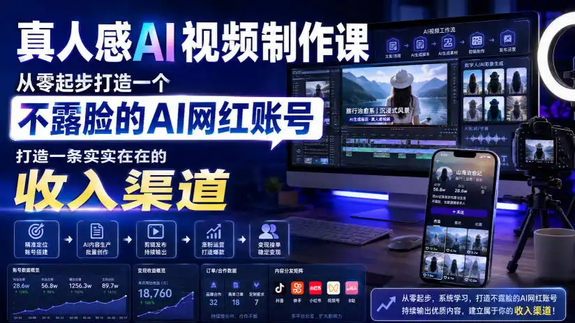 真人感AI视频制作课，从零起步打造一个不露脸的AI网红账号，打造一条实实在在的收入渠道【原创双语字幕】-钱途社