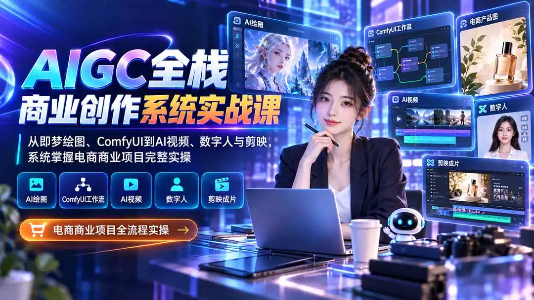 AIGC全栈商业创作系统实战课：从即梦绘图、ComfyUI到AI视频、数字人与剪映，系统掌握电商商业项目完整实操-钱途社