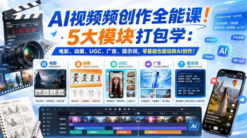 AI视频频创作全能课！5大模块打包学：电影、动画、UGC、广告、提示词，零基础也能玩转AI创作！【原创双语字幕】-钱途社