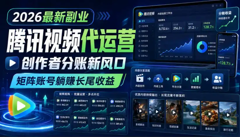 2026最新副业之腾讯视频代运营：创作者分账新风口，矩阵账号躺賺长尾收益【揭秘】-钱途社