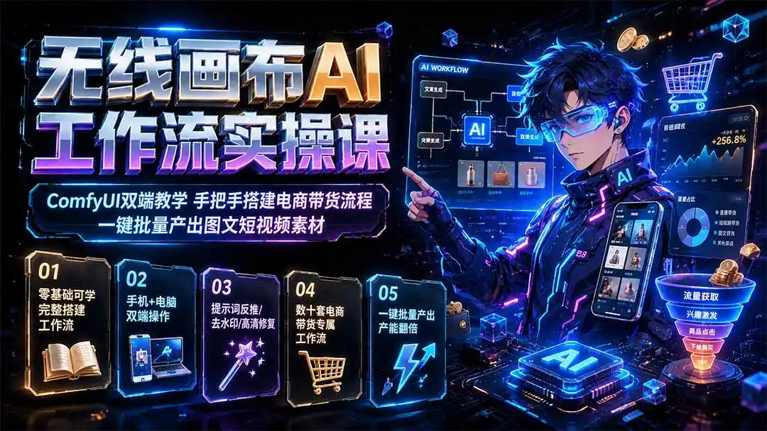 无线画布AI工作流实操课｜ComfyUI双端教学，手把手搭建电商带货流程，一键批量产出图文短视频素材-钱途社