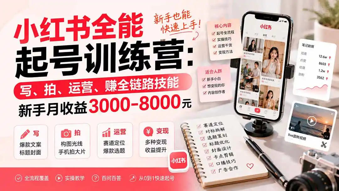 小红书全能起号训练营-更新：写、拍、运营、赚全链路技能，新手月收益3000-8000元-钱途社