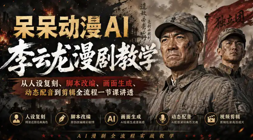 呆呆动漫AI李云龙漫剧教学，从人设复刻、脚本改编、画面生成、动态配音到剪辑全流程一节课讲透-钱途社