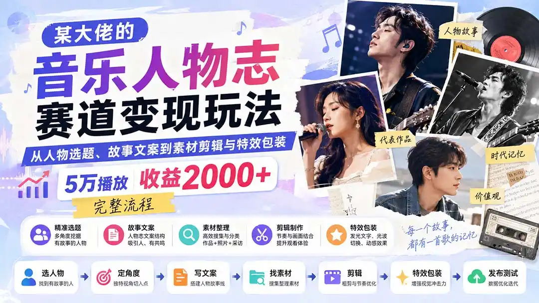 某大佬的音乐人物志赛道变现玩法：从人物选题、故事文案到素材剪辑与特效包装，5万播放收益2000+完整流程-钱途社
