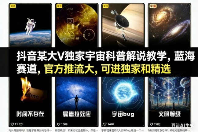 抖音某大V独家宇宙科普解说教学，蓝海赛道，官方推流大，可进独家和精选-钱途社