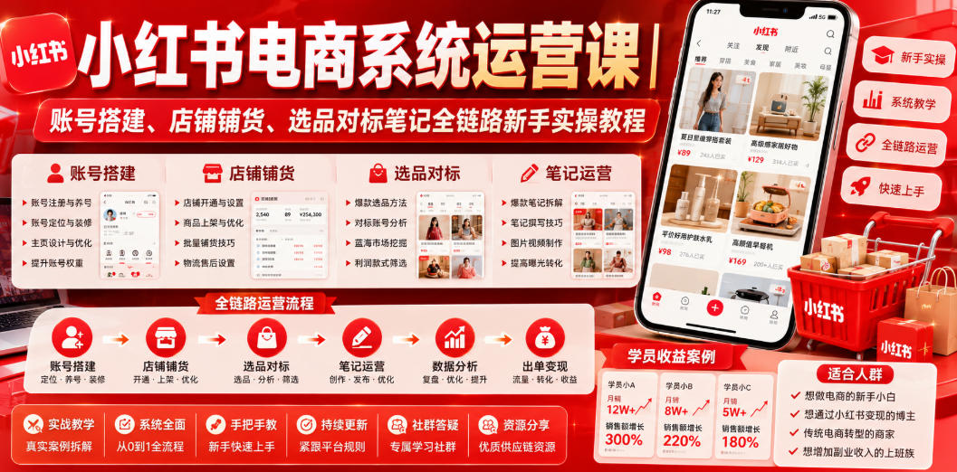 小红书电商系统运营课｜账号搭建、店铺铺货、选品对标笔记全链路新手实操教程-钱途社