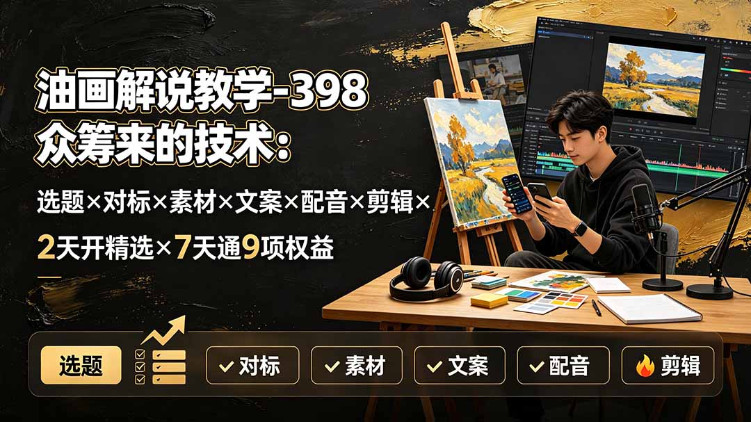 油画解说教学-398众筹来的技术：选题×对标×素材×文案×配音×剪辑×2天开精选×7天通9项权益-钱途社
