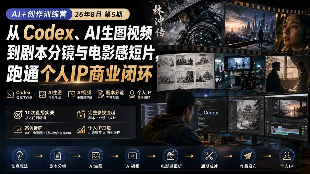 AI+创作训练营26年8月第5期：从Codex、AI生图视频到剧本分镜与电影感短片，跑通个人IP商业闭环-钱途社
