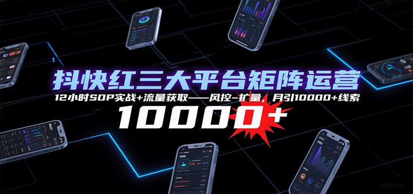 抖快红三大平台矩阵运营，12小时SOP实战+流量获取-风控-扩量，月引10000+线索-钱途社