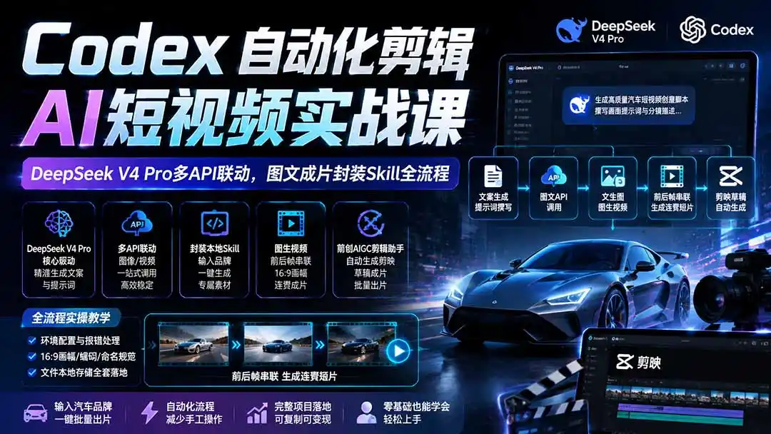 Codex自动化剪辑AI短视频实战课｜DeepSeek V4 Pro多API联动，图文成片封装Skill全流程-钱途社