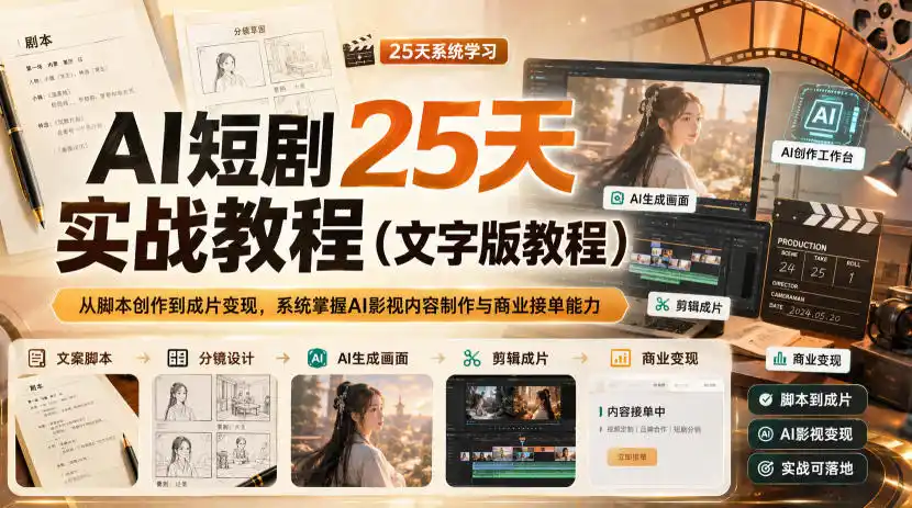AI短剧25天实战教程(文字版教程)，从脚本创作到成片变现，系统掌握AI影视内容制作与商业接单能力-钱途社