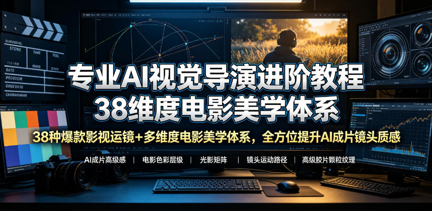 专业AI视觉导演进阶教程，38种爆款影视运镜+多维度电影美学体系，全方位提升AI成片高级感与镜头质感-钱途社