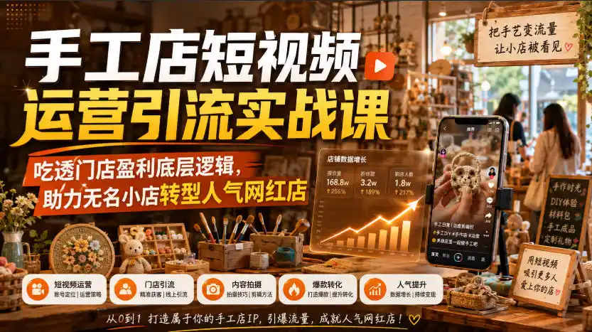 手工店短视频运营引流实战课，吃透门店盈利底层逻辑，助力无名小店转型人气网红店-钱途社