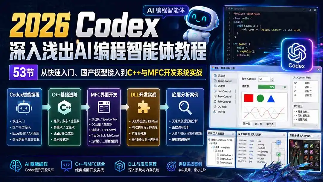 2026 Codex深入浅出AI编程智能体教程：53节从快速入门、国产模型接入到C++与MFC开发系统实战-钱途社