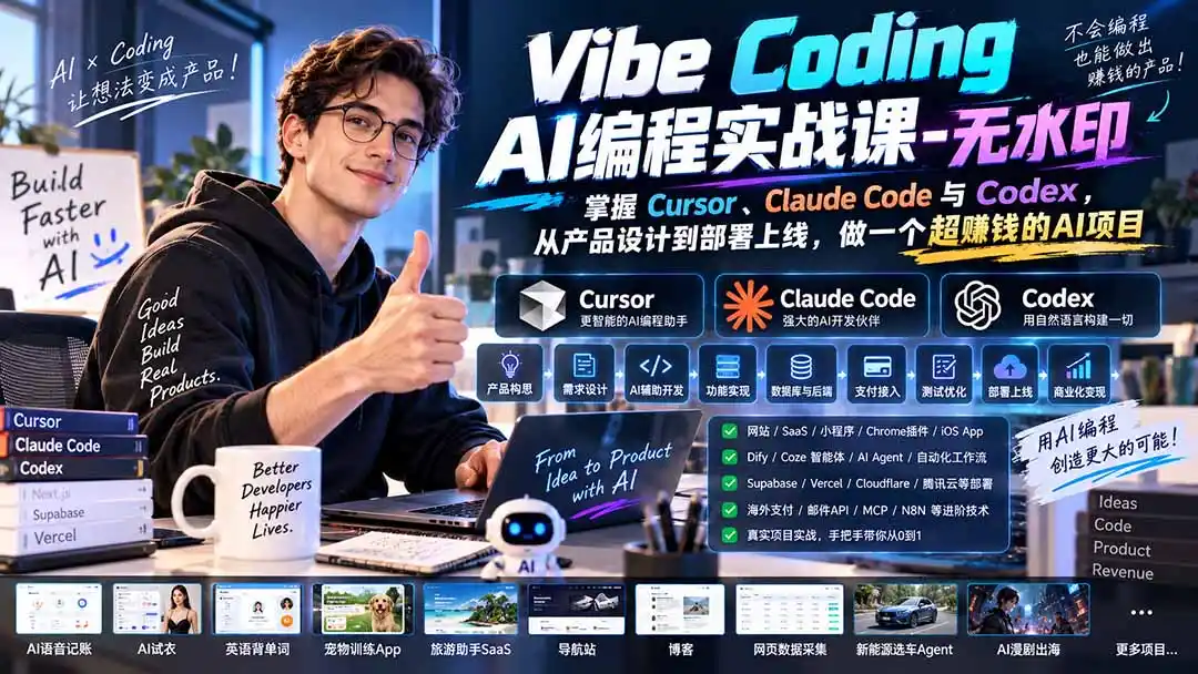 Vibe Coding AI编程实战课-无水印：掌握Cursor、Claude Code与Codex，从产品设计到部署上线，做一个超赚钱的AI项目-钱途社