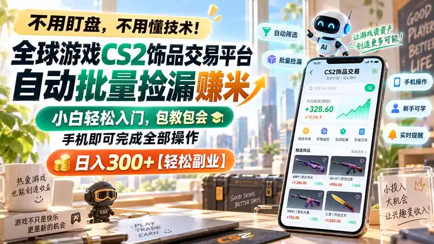 全球游戏CS2饰品交易平台自动批量捡漏赚米，小白轻松入门，包教包会，手机即可完成全部操作，日入300+【轻松副业】-钱途社