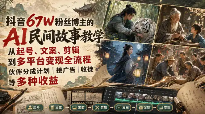抖音67W粉丝博主的AI民间故事教学，从起号、文案、剪辑到多平台变现全流程，伙伴分成计划接广告等多种收益，月入1W+-钱途社