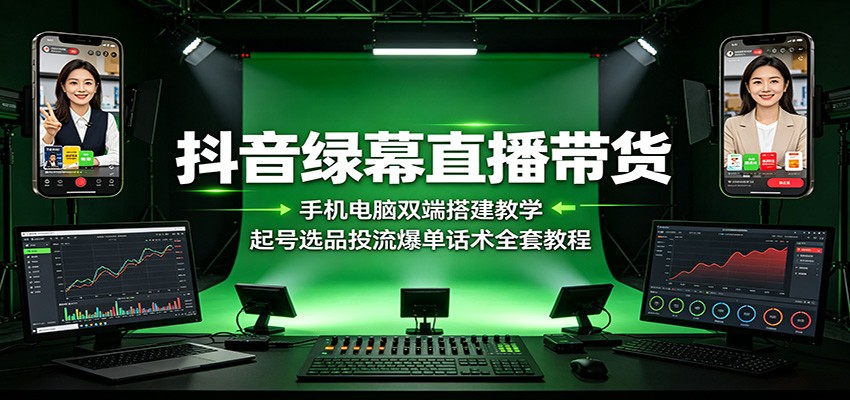 抖音绿幕直播带货：手机电脑双端搭建教学，起号选品投流爆单话术全套教程-钱途社