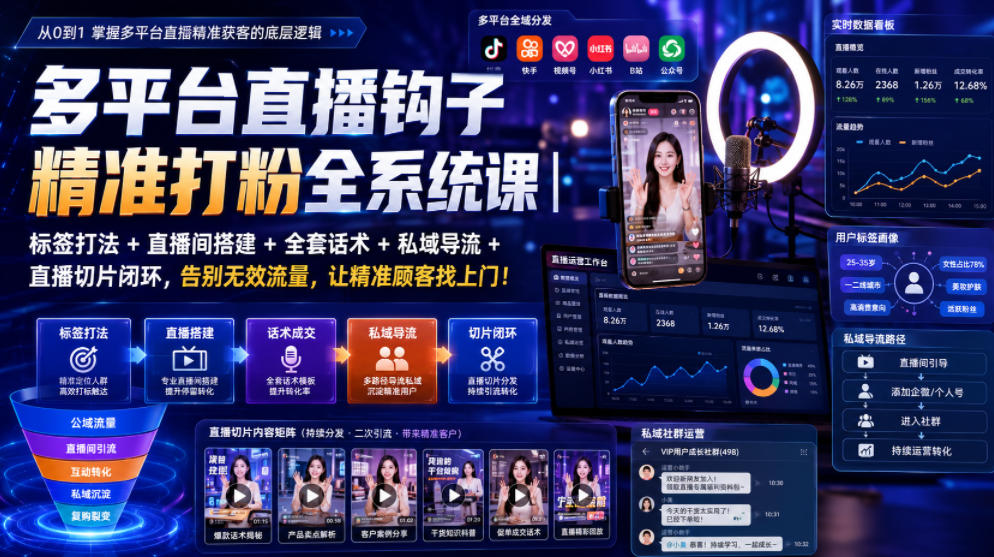 多平台直播钩子精准打粉全系统课｜标签打法+直播间搭建+全套话术+私域导流+直播切片闭环，告别无效流量，让精准顾客找上门！-钱途社