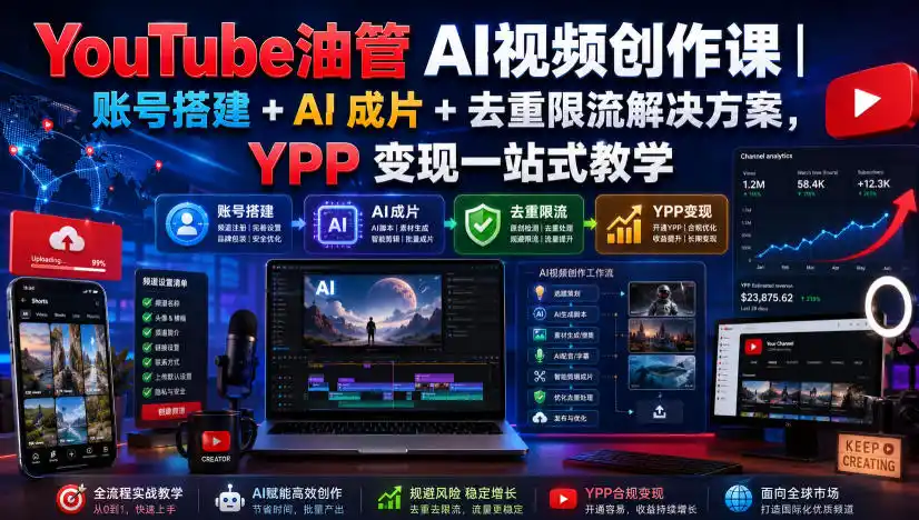YouTube油管AI视频创作课｜账号搭建+AI成片+去重限流解决方案，YPP变现一站式教学-钱途社