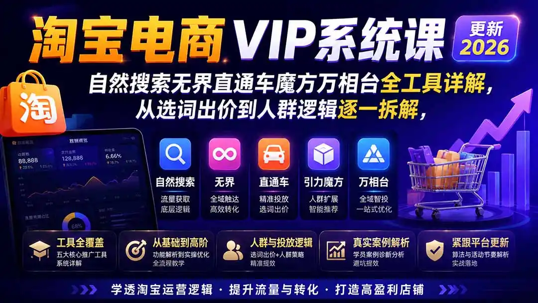 淘宝电商VIP系统课-更新8月；自然搜索无界直通车魔方万相台全工具详解，从选词出价到人群逻辑逐一拆解-钱途社