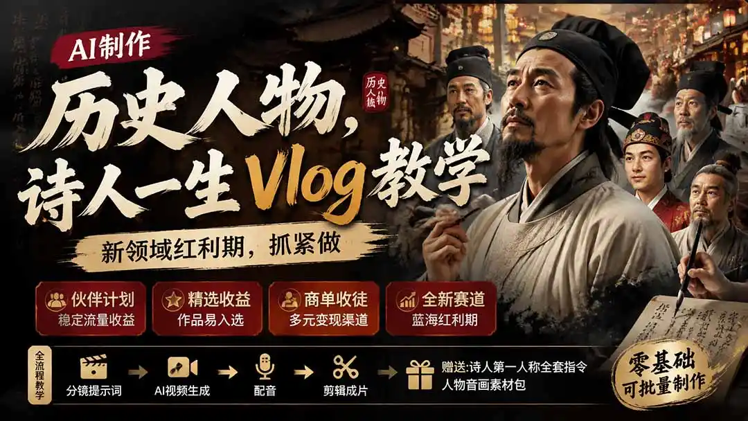 历史人物，诗人一生Vlog教学， AI制作丨伙伴计划丨精选收益丨商单收徒 ，新领域红利期，抓紧做-钱途社