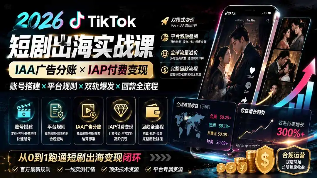 2026TikTok短剧出海实战课：IAA广告分账×IAP付费变现×账号搭建×平台规则×双轨爆发×回款全流程-钱途社