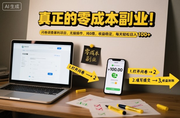真正的零成本副业！问卷调查暴利项目，无脑操作，纯0撸，收益稳定，每天轻松日入100+【揭秘】-钱途社