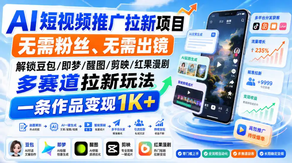 AI短视频推广拉新项目，无需粉丝、无需出镜，解锁豆包/即梦/醒图/剪映/红果漫剧多赛道拉新玩法，一条作品变现1K+-钱途社