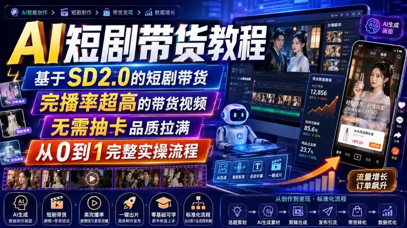 AI短剧带货教程，基于SD2.0的短剧带货，完播率超高的带货视频，无需抽卡品质拉满，从0到1完整实操流程-钱途社