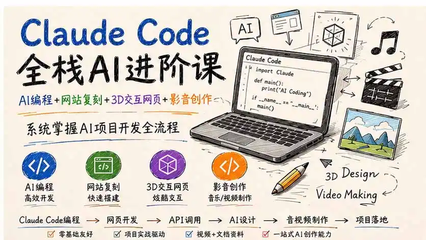 Claude Code全栈AI进阶课；AI编程+网站复刻+3D交互网页+影音创作，系统掌握AI项目开发全流程-钱途社
