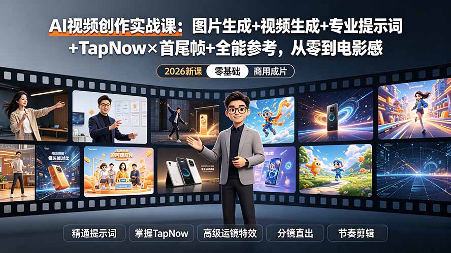 AI视频创作实战课：图片生成+视频生成+专业提示词+TapNow×首尾帧+全能参考，从零到电影感成片-钱途社