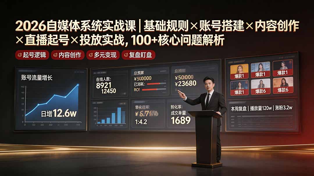 2026自媒体系统实战课｜基础规则×账号搭建×内容创作×直播起号×投放实战，100+核心问题解析-钱途社
