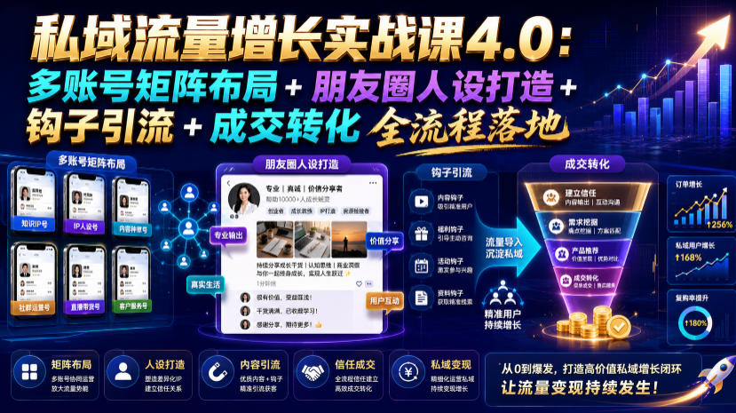 私域流量增长实战课4.0：多账号矩阵布局+朋友圈人设打造+钩子引流+成交转化全流程落地-钱途社