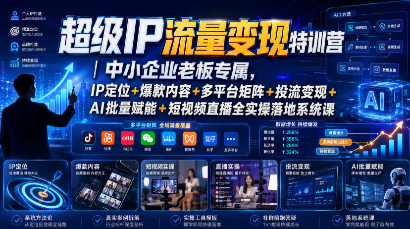 超级IP流量变现特训营｜中小企业老板专属，IP定位+爆款内容+多平台矩阵+投流变现+AI批量赋能+短视频直播全实操落地系统课-钱途社