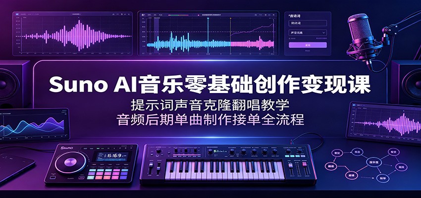 Suno AI音乐零基础创作变现课：提示词声音克隆翻唱教学，音频后期单曲制作接单全流程-钱途社