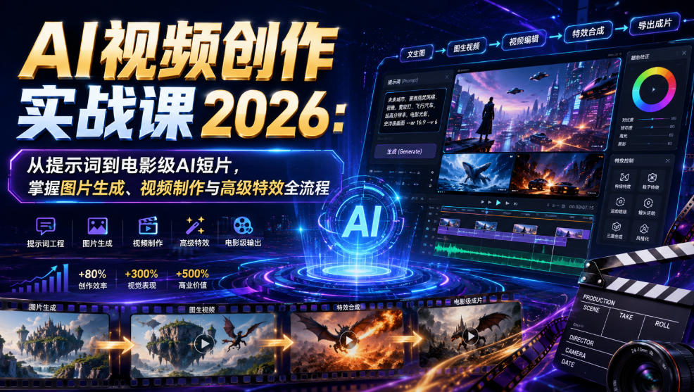 AI视频创作实战课2026：从提示词到电影级AI短片，掌握图片生成、视频制作与高级特效全流程-钱途社