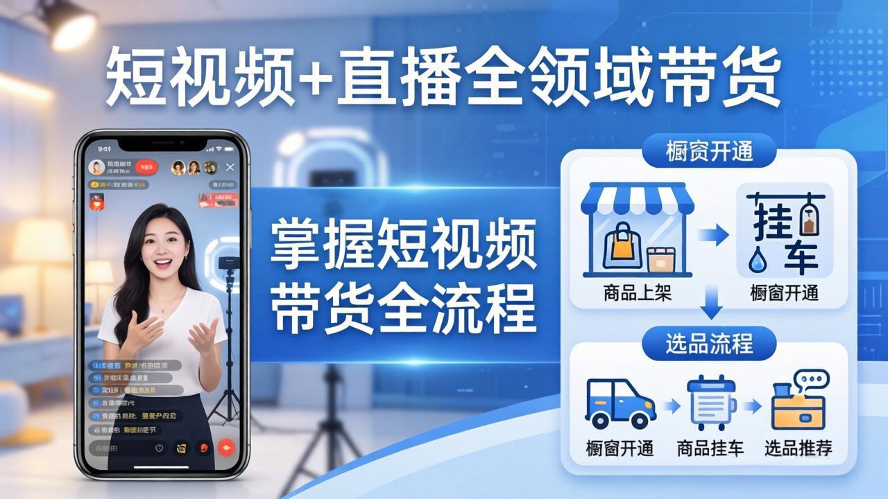 短视频+直播全领域带货-更新：掌握橱窗开通、挂车、选品、爆款文案改编等短视频带货全流程-钱途社