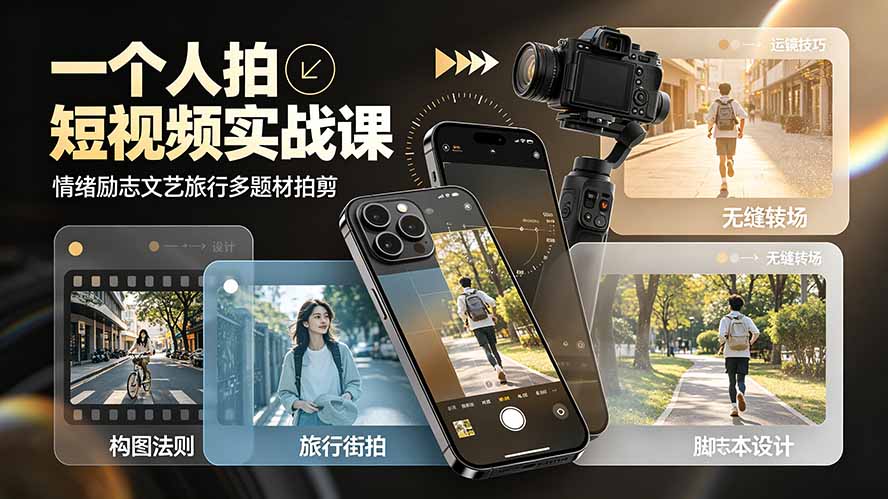 一个人拍短视频实战课：情绪励志文艺旅行多题材×五大景别×黄金构图×八大运镜，从拍摄到成片高效创作-钱途社
