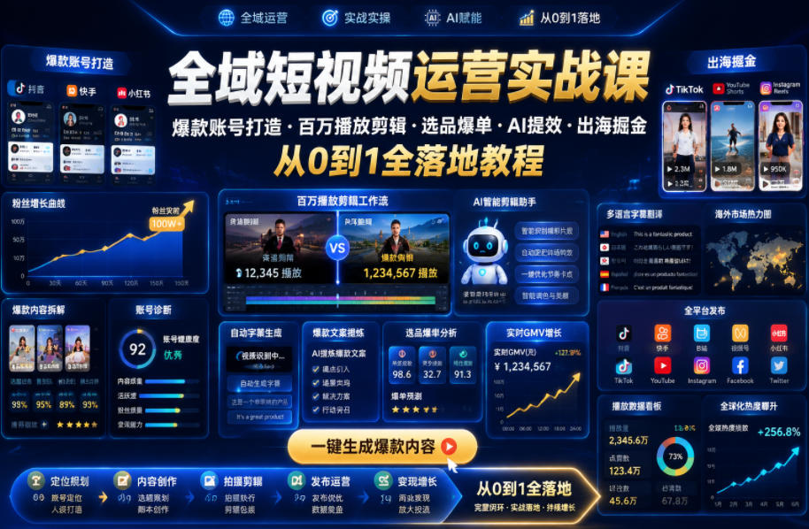 全域短视频运营实战课，爆款账号打造・百万播放剪辑・选品爆单・AI提效・出海掘金，从0到1全落地教程-钱途社